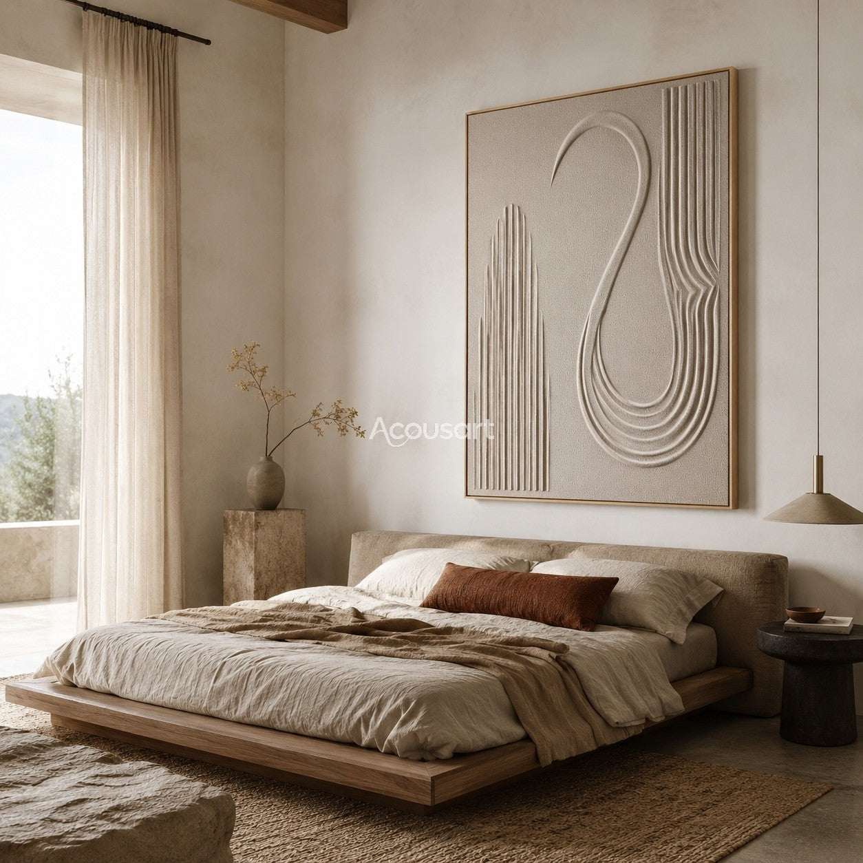 Neutral textured abstract wall art in ivory beige with curved lines and minimalist 3D relief design