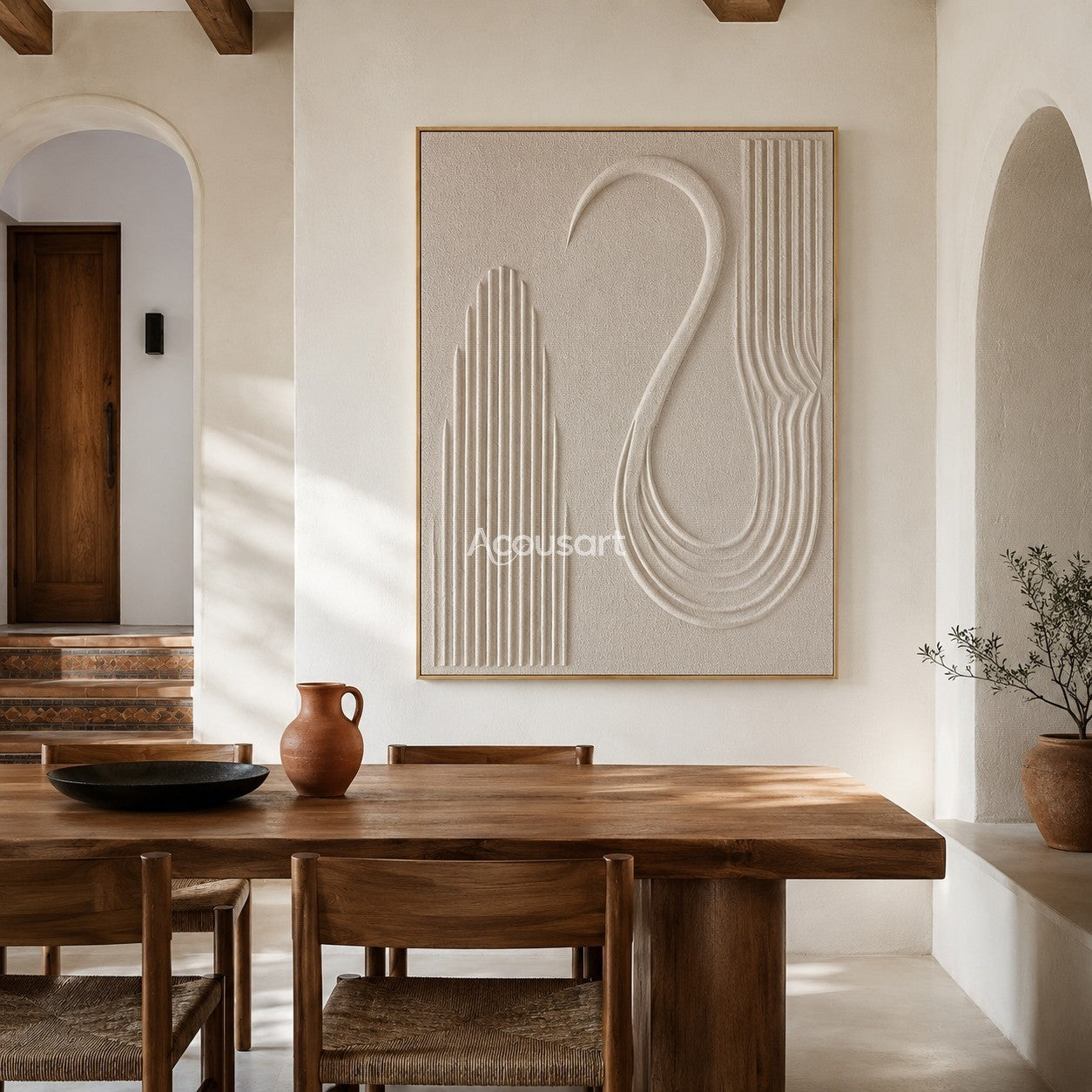 Neutral textured abstract wall art in ivory beige with curved lines and minimalist 3D relief design