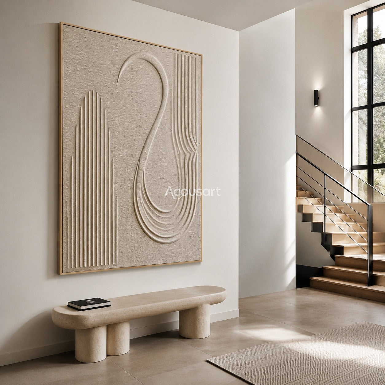 Neutral textured abstract wall art in ivory beige with curved lines and minimalist 3D relief design