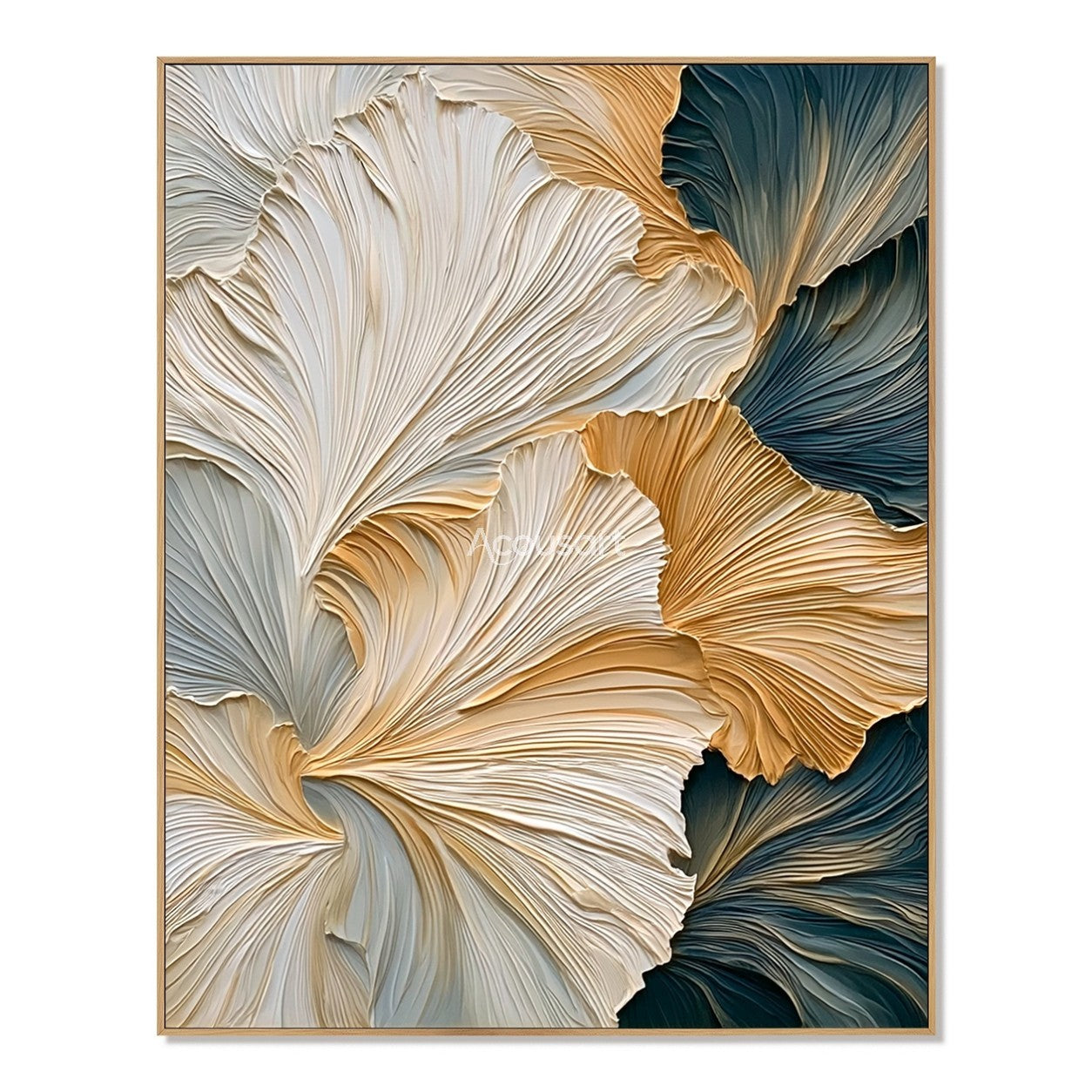 Textured botanical wall art with layered ginkgo leaves in ivory, gold, and deep teal tones