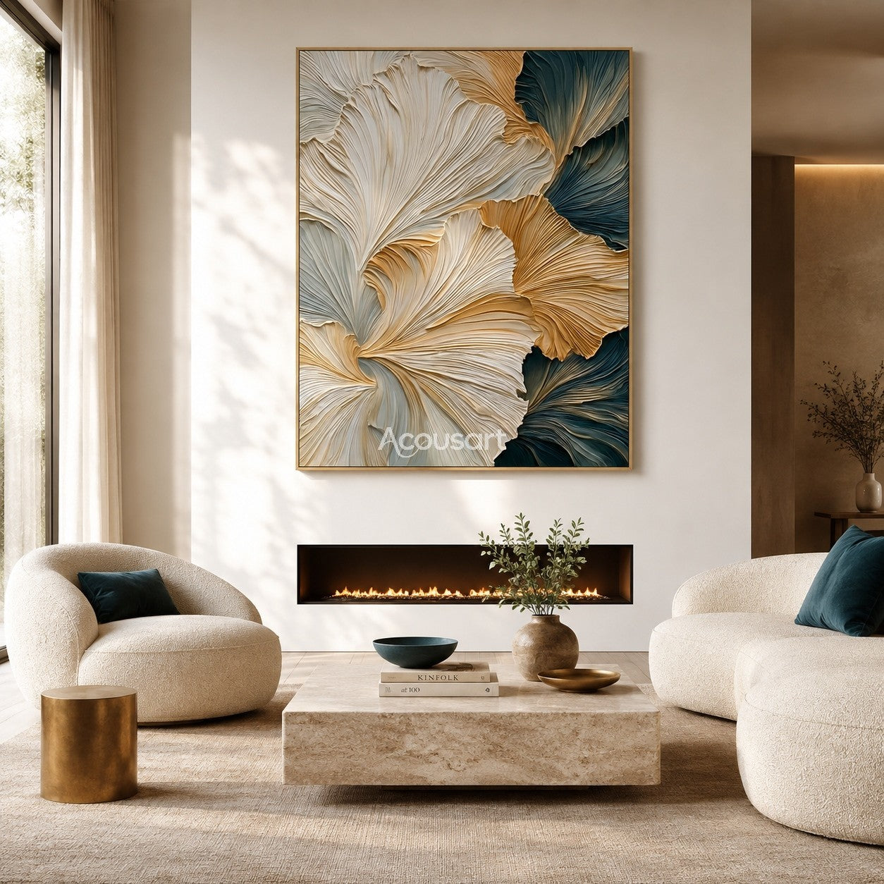 Textured botanical wall art with layered ginkgo leaves in ivory, gold, and deep teal tones