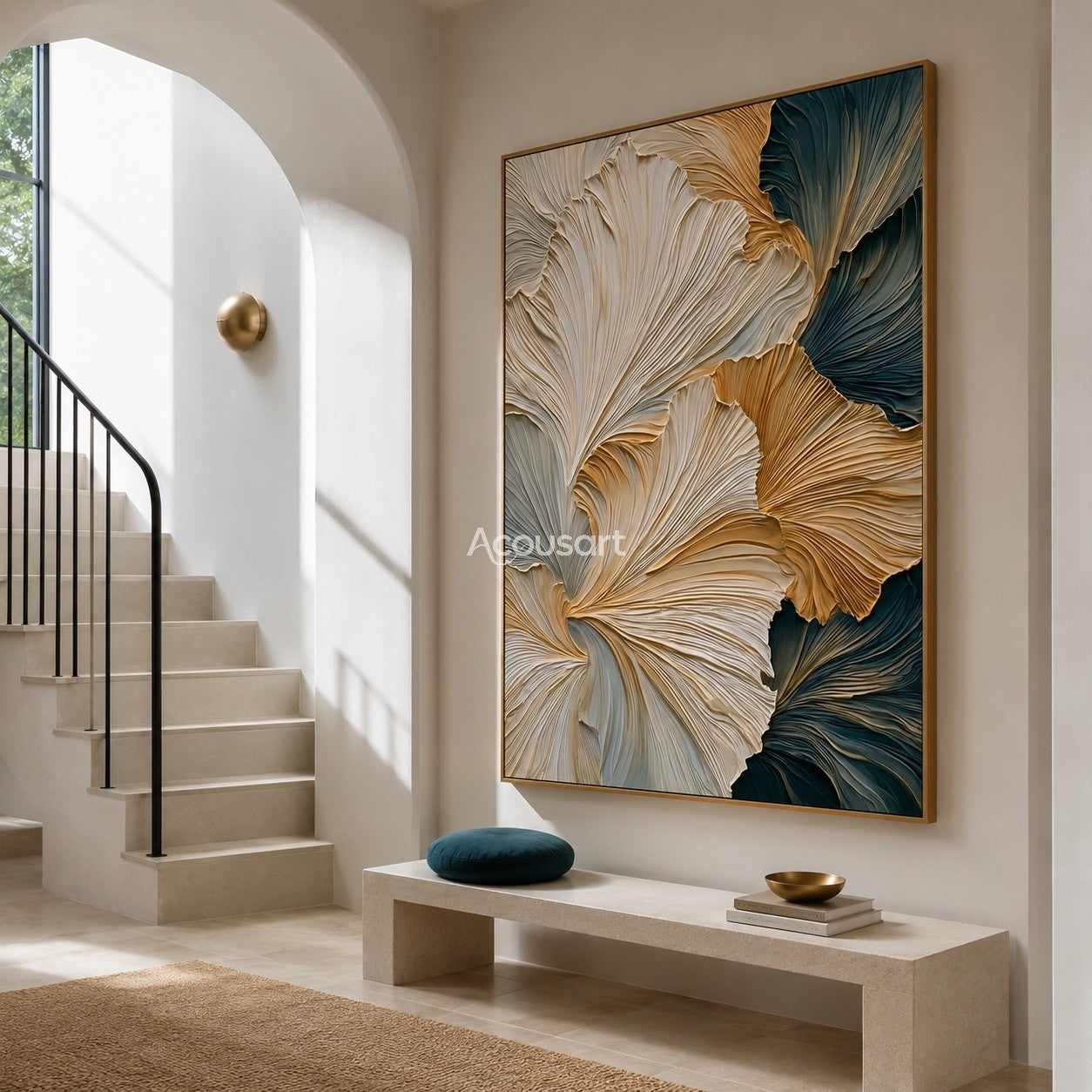 Textured botanical wall art with layered ginkgo leaves in ivory, gold, and deep teal tones