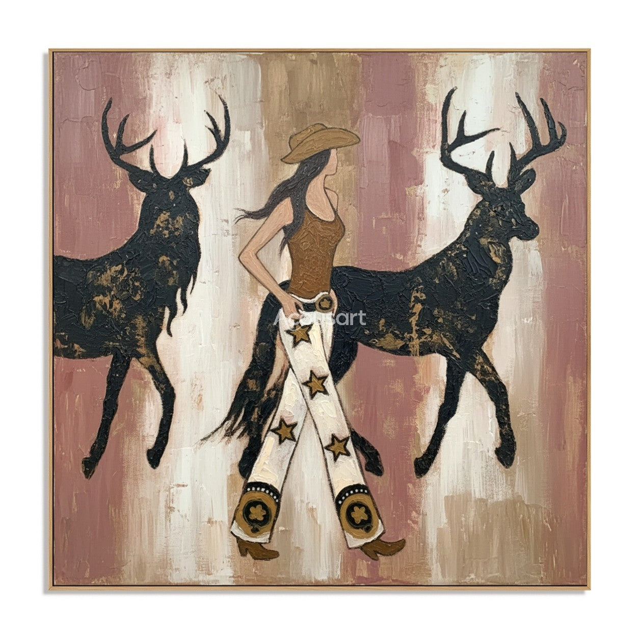 Textured cowgirl and deer oil painting featuring a western woman in star pants walking between two golden-accented stags.