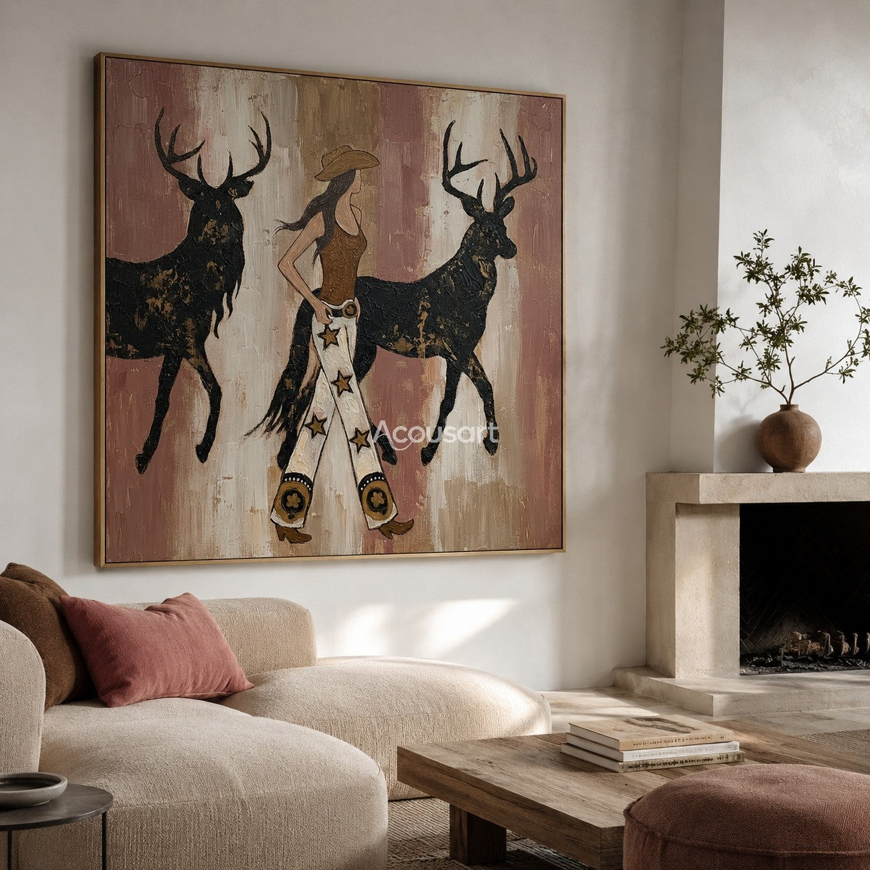 Textured cowgirl and deer oil painting featuring a western woman in star pants walking between two golden-accented stags.