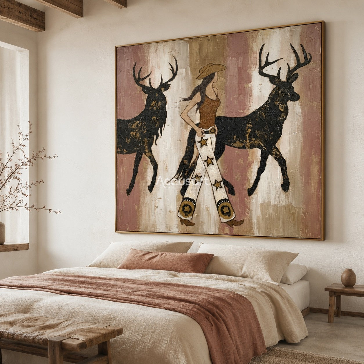Textured cowgirl and deer oil painting featuring a western woman in star pants walking between two golden-accented stags.