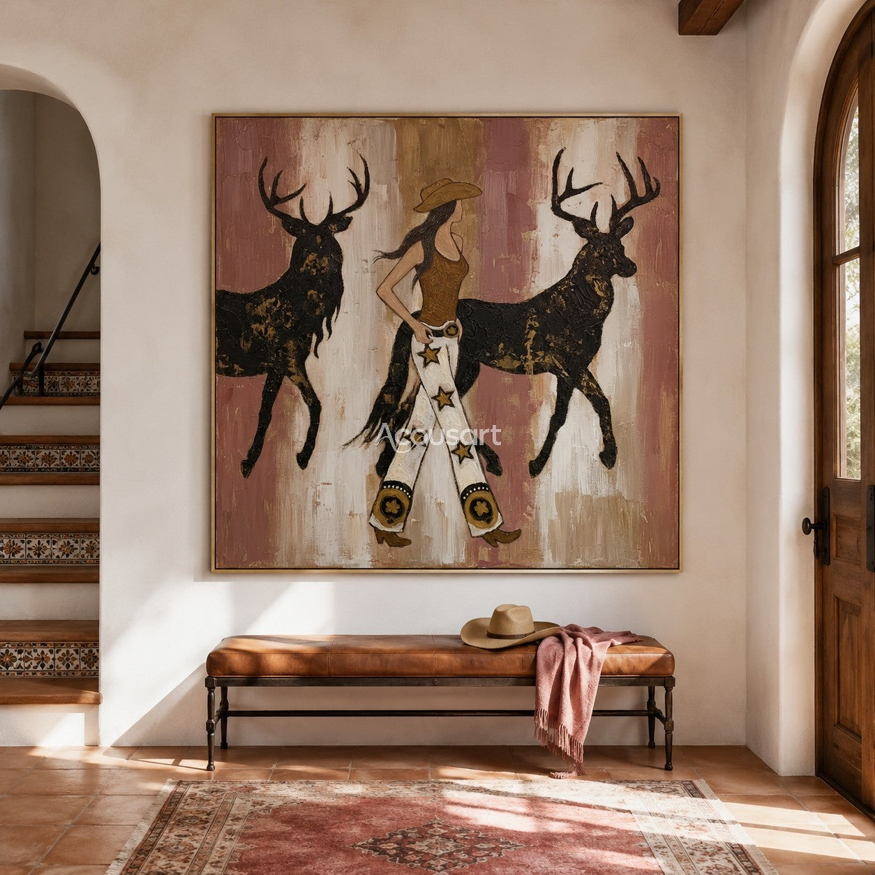 Textured cowgirl and deer oil painting featuring a western woman in star pants walking between two golden-accented stags.