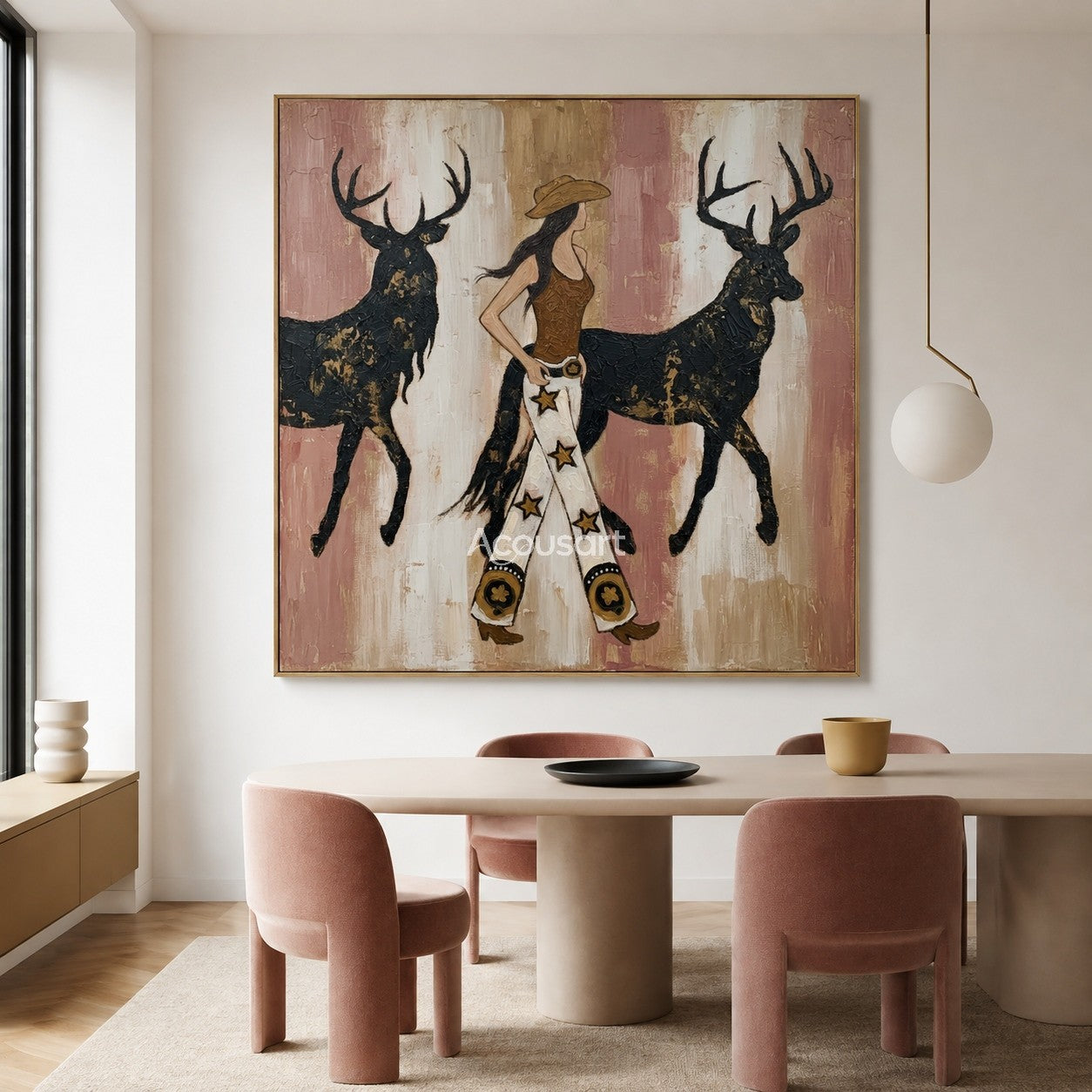 Textured cowgirl and deer oil painting featuring a western woman in star pants walking between two golden-accented stags.