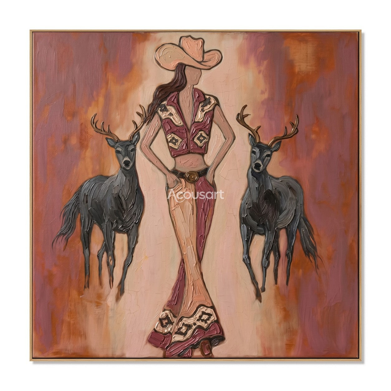 Textured western cowgirl wall art featuring a woman in bell-bottom pants standing with two black deer against a warm orange background.
