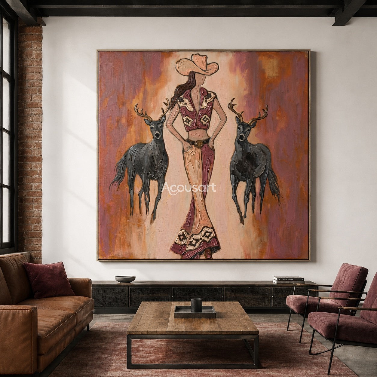 Textured western cowgirl wall art featuring a woman in bell-bottom pants standing with two black deer against a warm orange background.
