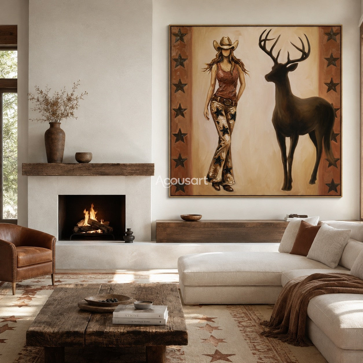 Textured vintage cowgirl wall art featuring a woman in star-patterned pants next to a stag with star borders.