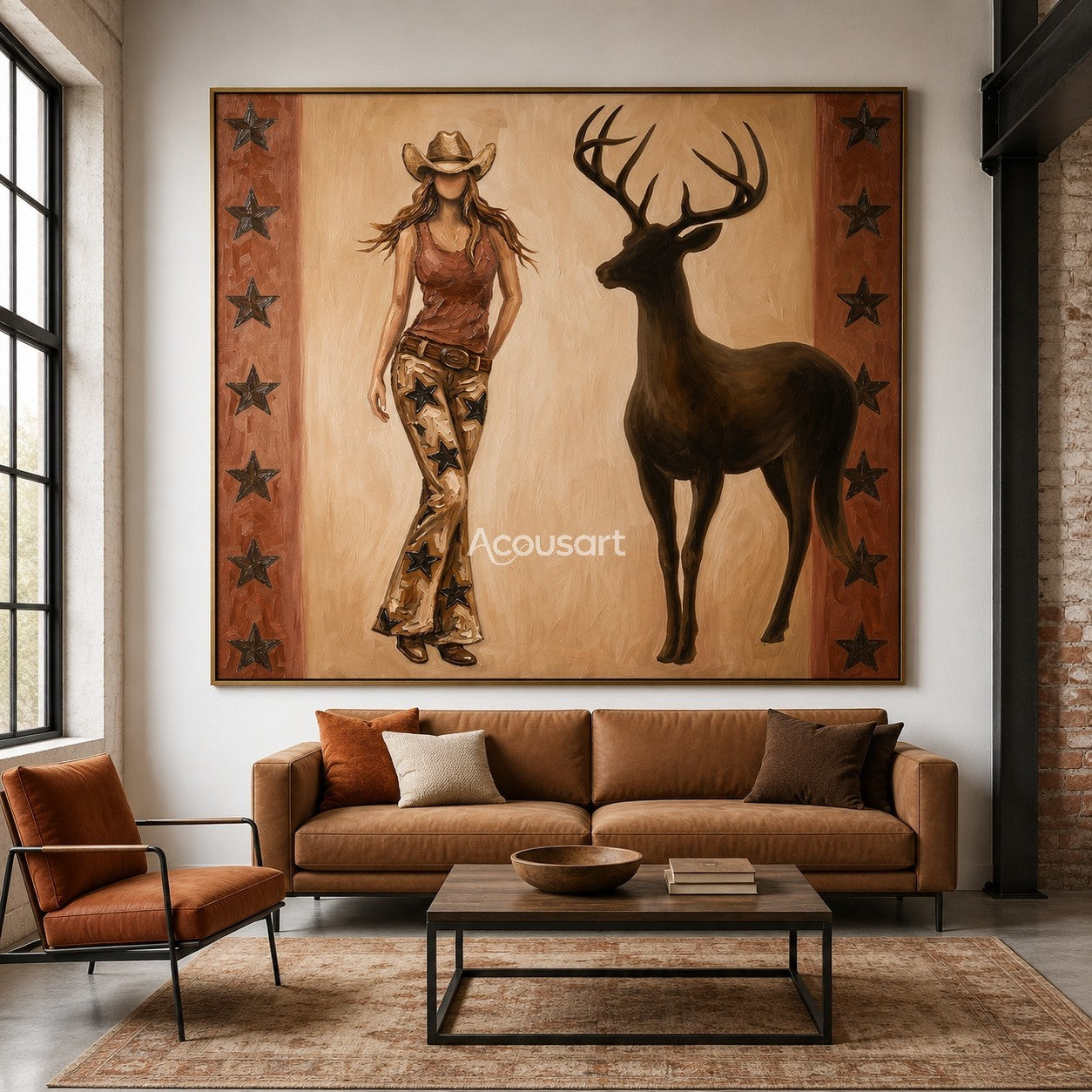 Textured vintage cowgirl wall art featuring a woman in star-patterned pants next to a stag with star borders.