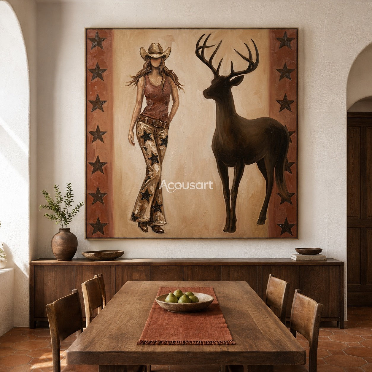 Textured vintage cowgirl wall art featuring a woman in star-patterned pants next to a stag with star borders.