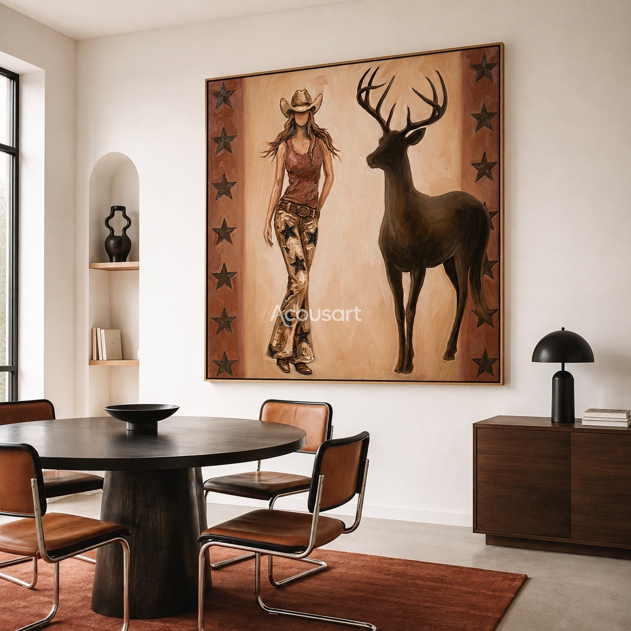 Textured vintage cowgirl wall art featuring a woman in star-patterned pants next to a stag with star borders.