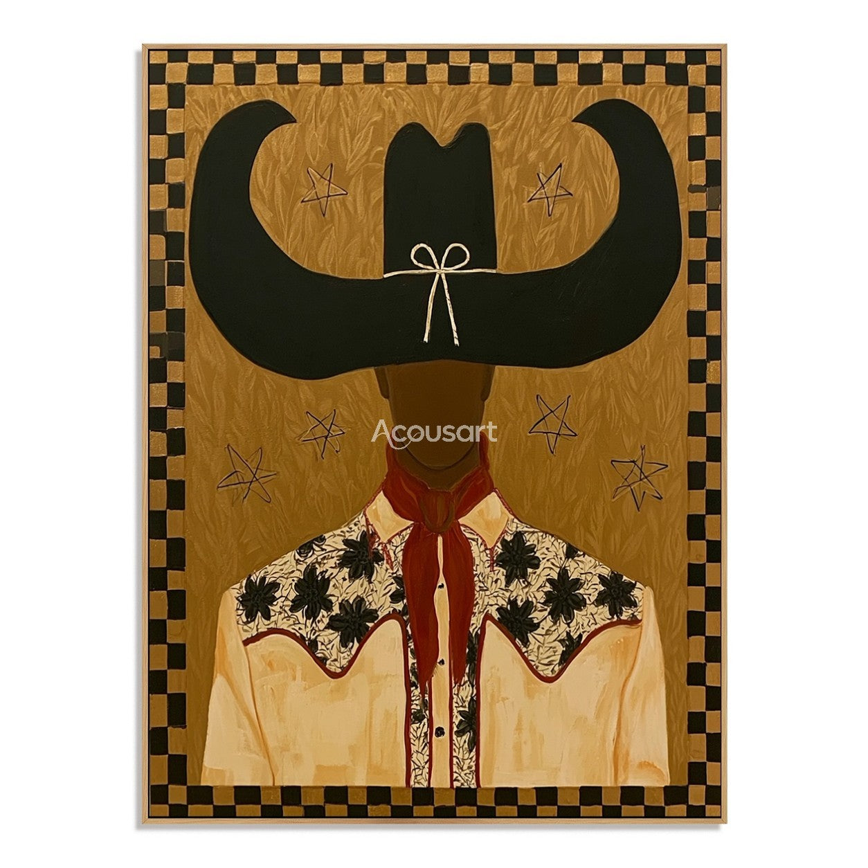 Textured black cowboy wall art featuring a cowboy with a longhorn-shaped hat, floral shirt, red scarf, and a checkered border.