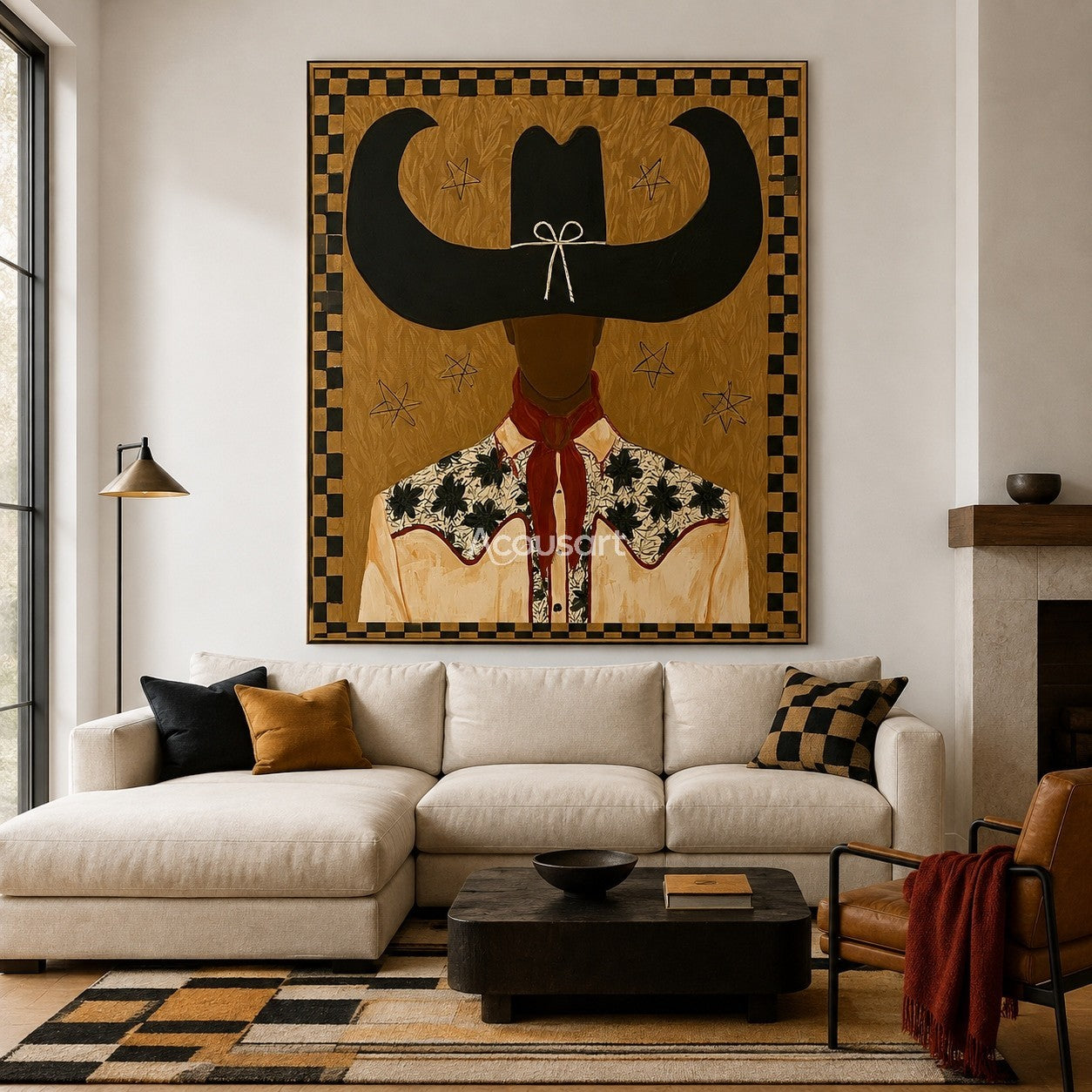 Textured black cowboy wall art featuring a cowboy with a longhorn-shaped hat, floral shirt, red scarf, and a checkered border.
