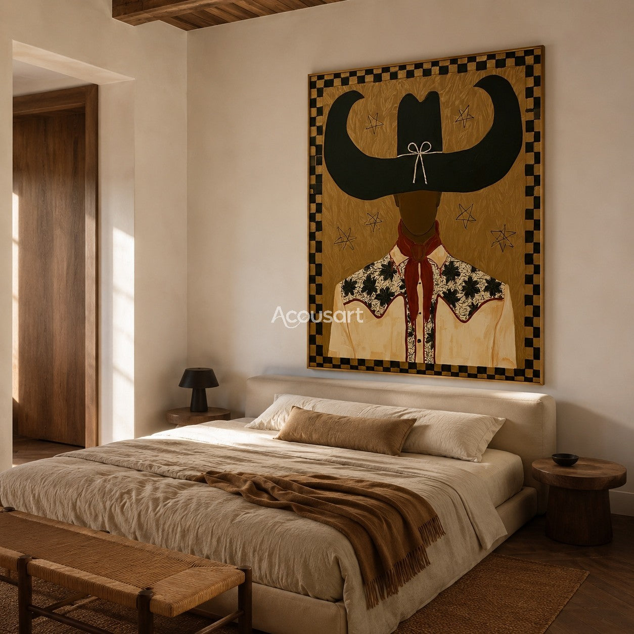 Textured black cowboy wall art featuring a cowboy with a longhorn-shaped hat, floral shirt, red scarf, and a checkered border.