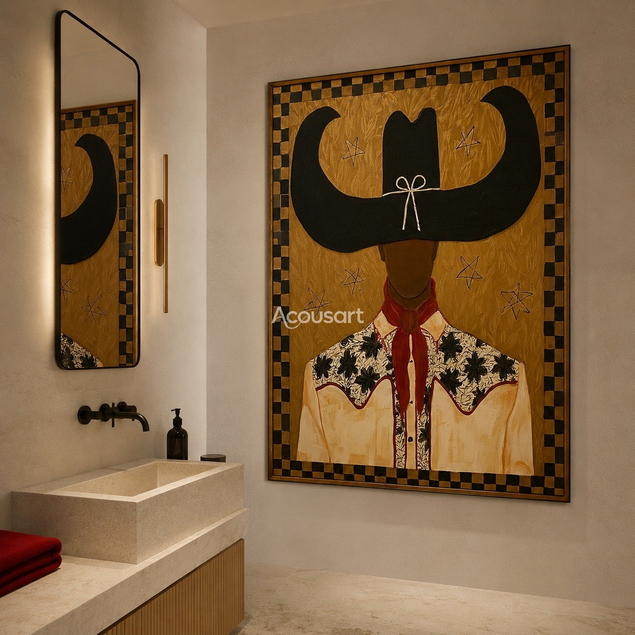 Textured black cowboy wall art featuring a cowboy with a longhorn-shaped hat, floral shirt, red scarf, and a checkered border.