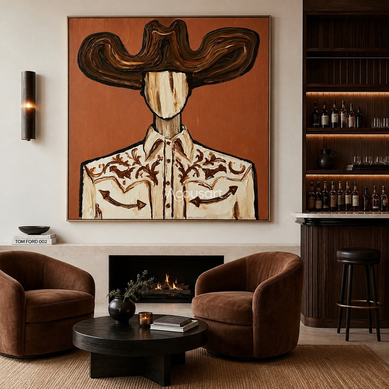 Textured cowboy wall art featuring a cowboy in a large brown hat and an embroidered western shirt against a terracotta background.