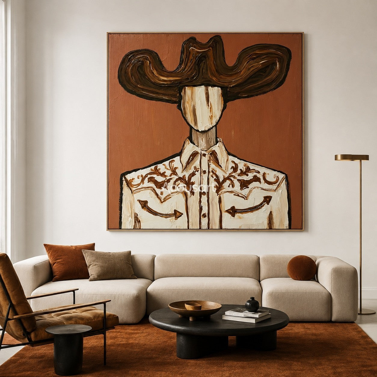 Textured cowboy wall art featuring a cowboy in a large brown hat and an embroidered western shirt against a terracotta background.