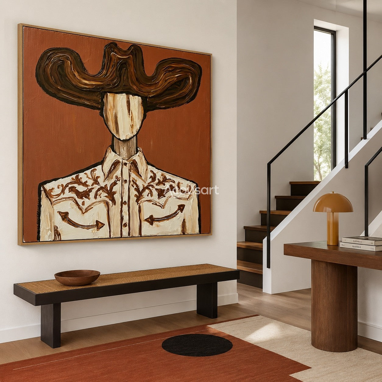 Textured cowboy wall art featuring a cowboy in a large brown hat and an embroidered western shirt against a terracotta background.