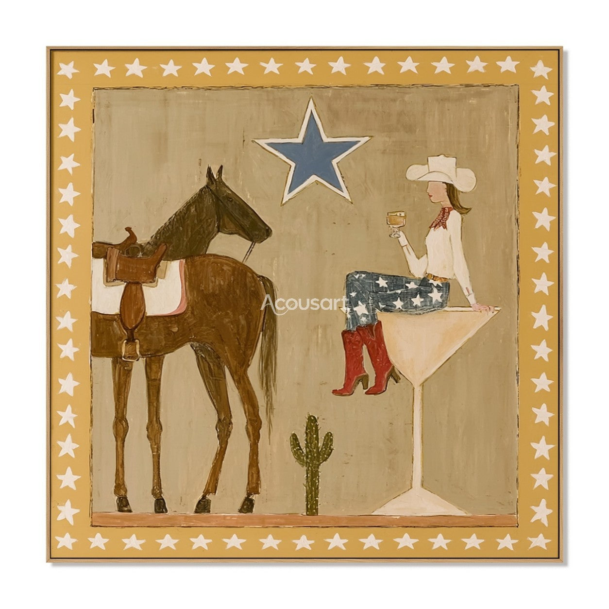 Textured cowgirl and horse wall art featuring a woman sitting on a glass next to a horse with a blue star and star frame.