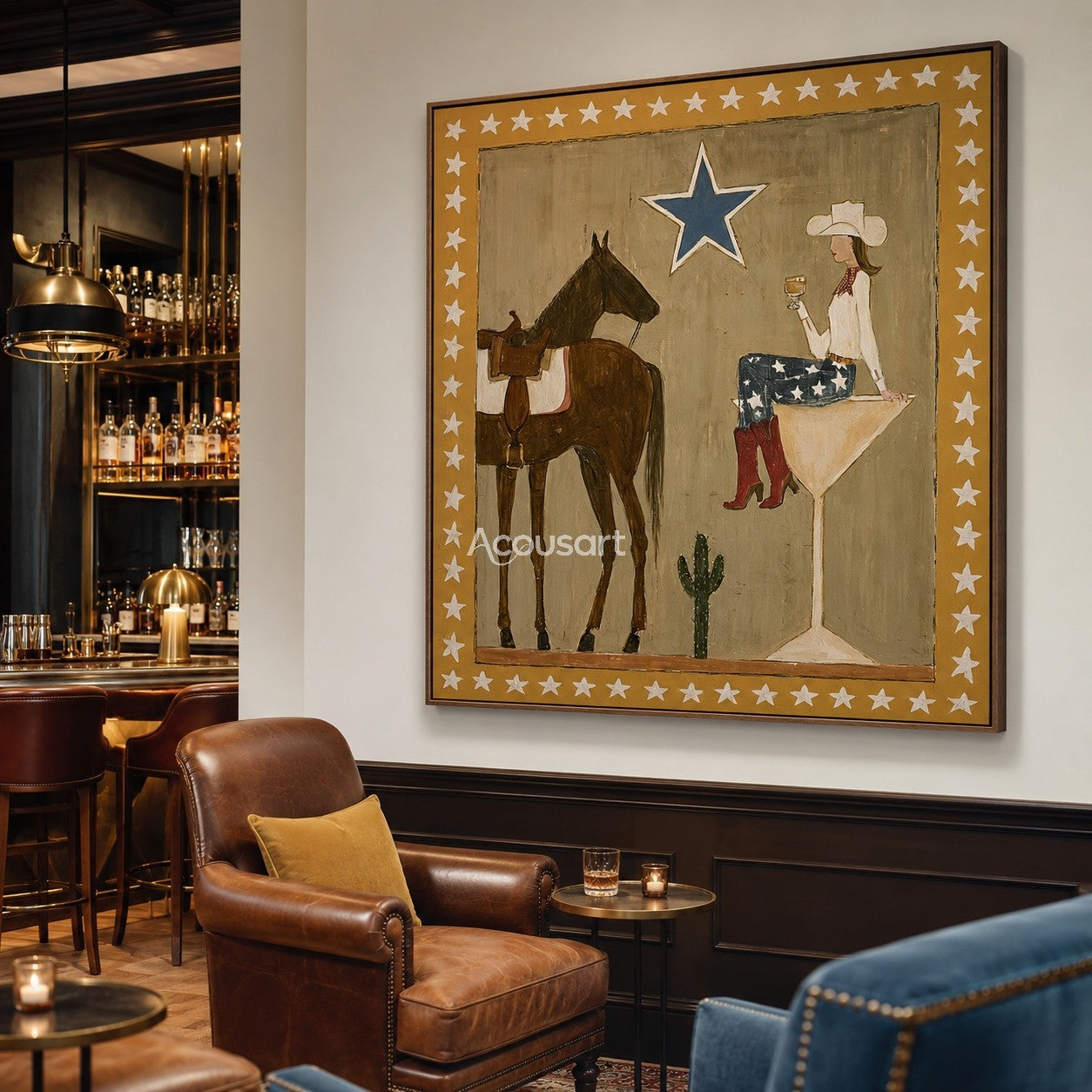 Textured cowgirl and horse wall art featuring a woman sitting on a glass next to a horse with a blue star and star frame.