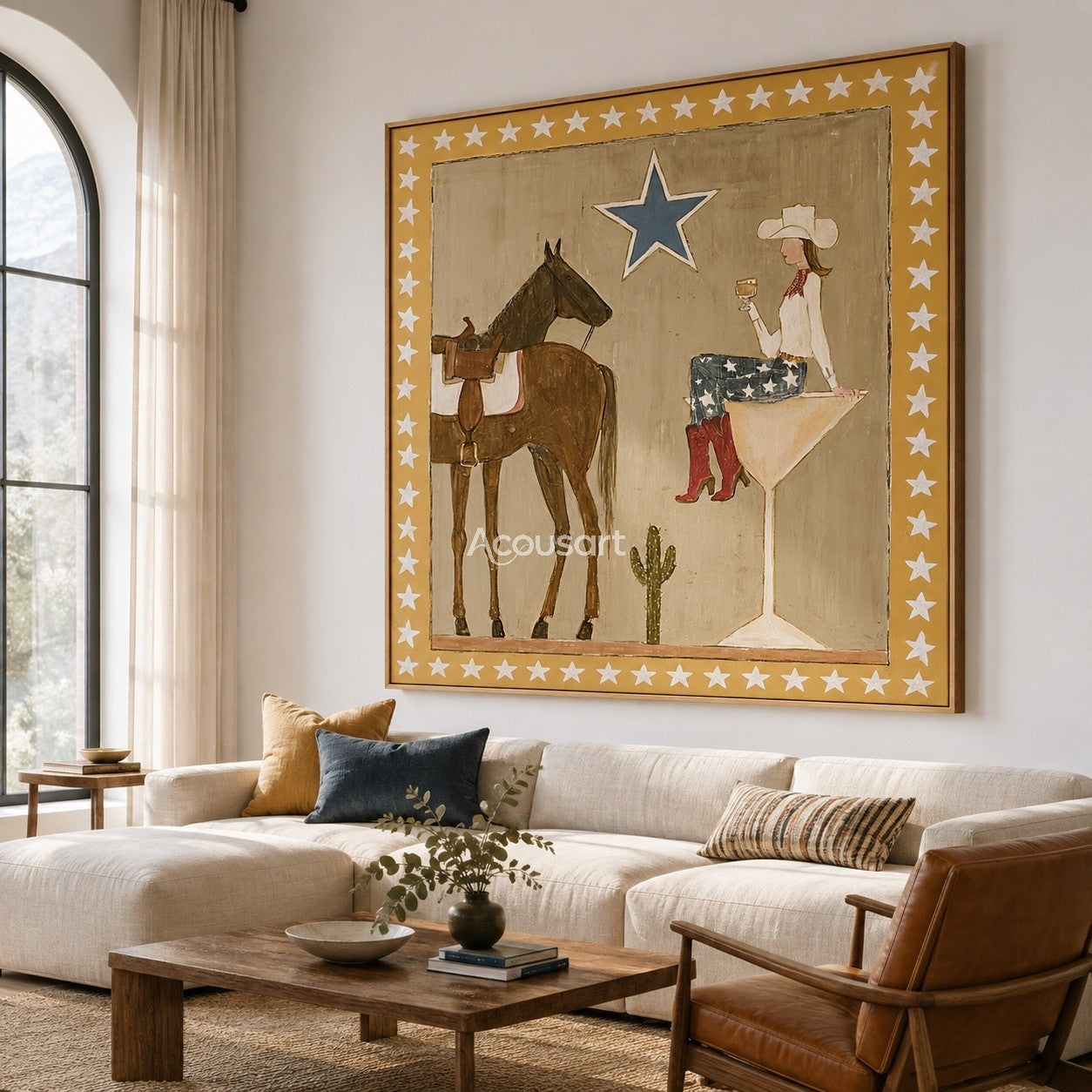 Textured cowgirl and horse wall art featuring a woman sitting on a glass next to a horse with a blue star and star frame.