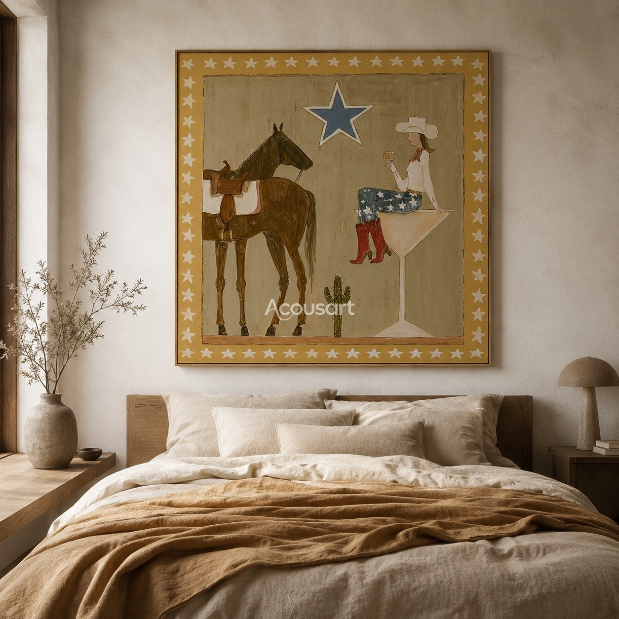 Textured cowgirl and horse wall art featuring a woman sitting on a glass next to a horse with a blue star and star frame.