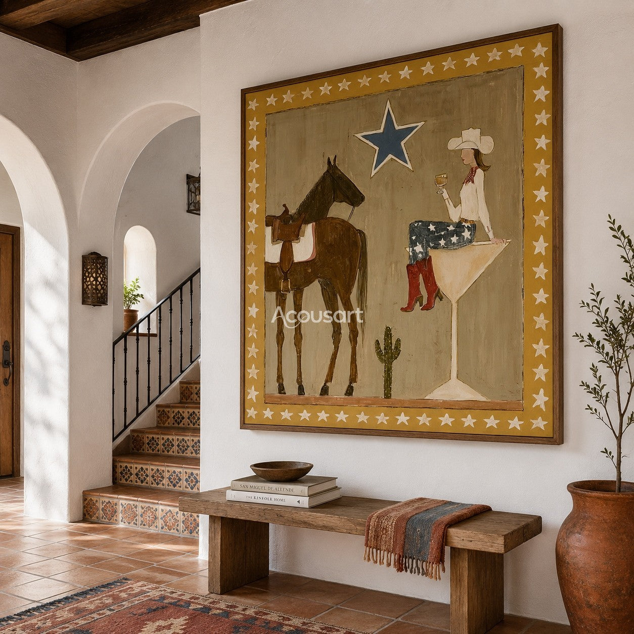 Textured cowgirl and horse wall art featuring a woman sitting on a glass next to a horse with a blue star and star frame.