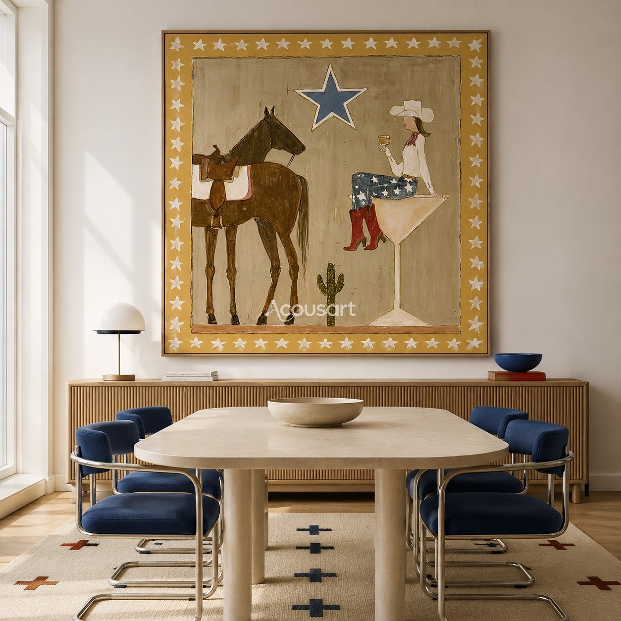 Textured cowgirl and horse wall art featuring a woman sitting on a glass next to a horse with a blue star and star frame.