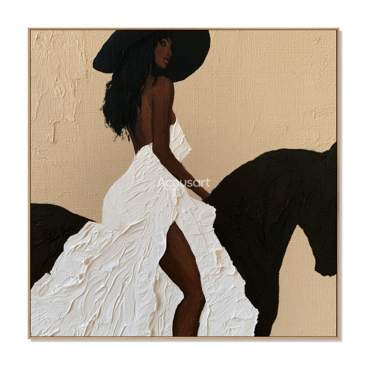Textured black woman horse wall art featuring a woman in a thick white textured dress riding a black horse.