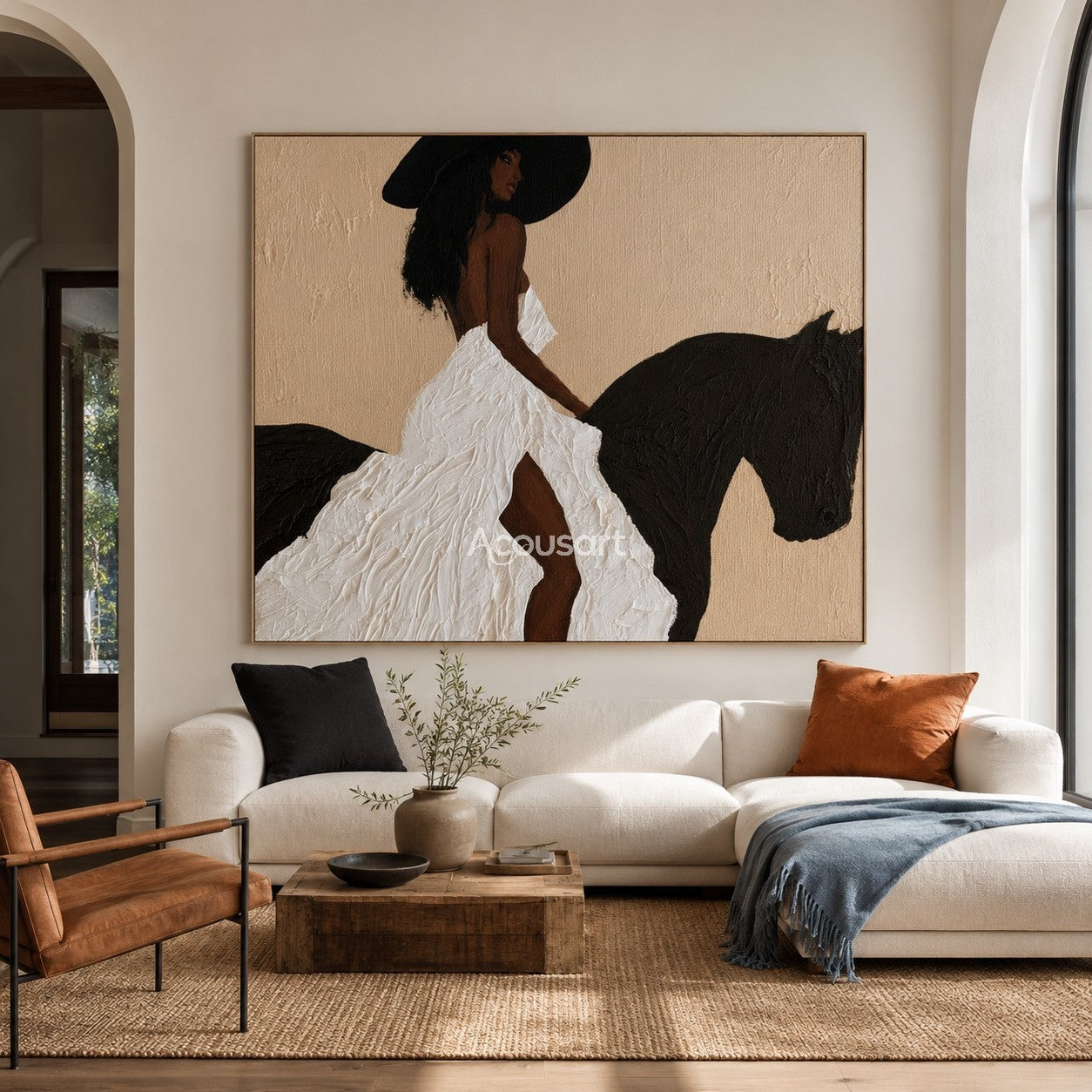 Textured black woman horse wall art featuring a woman in a thick white textured dress riding a black horse.