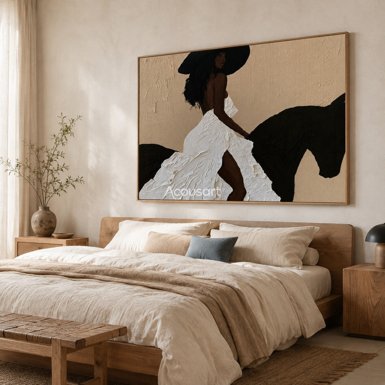 Textured black woman horse wall art featuring a woman in a thick white textured dress riding a black horse.