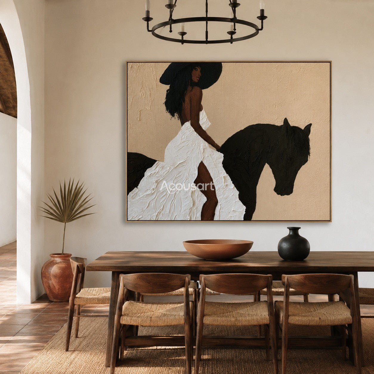 Textured black woman horse wall art featuring a woman in a thick white textured dress riding a black horse.
