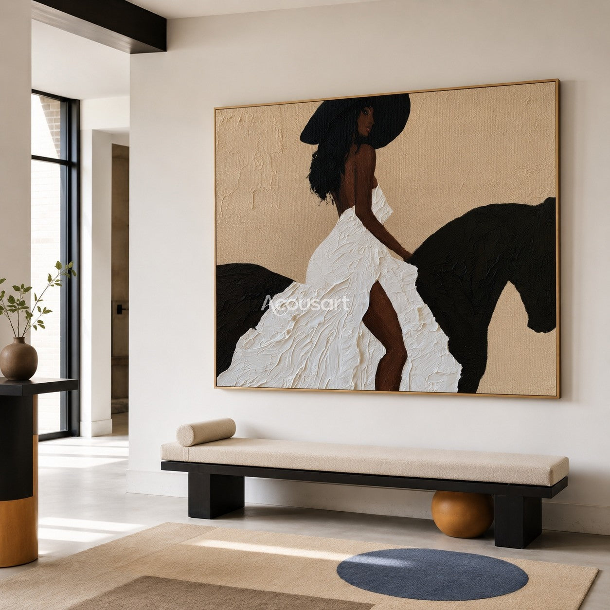 Textured black woman horse wall art featuring a woman in a thick white textured dress riding a black horse.