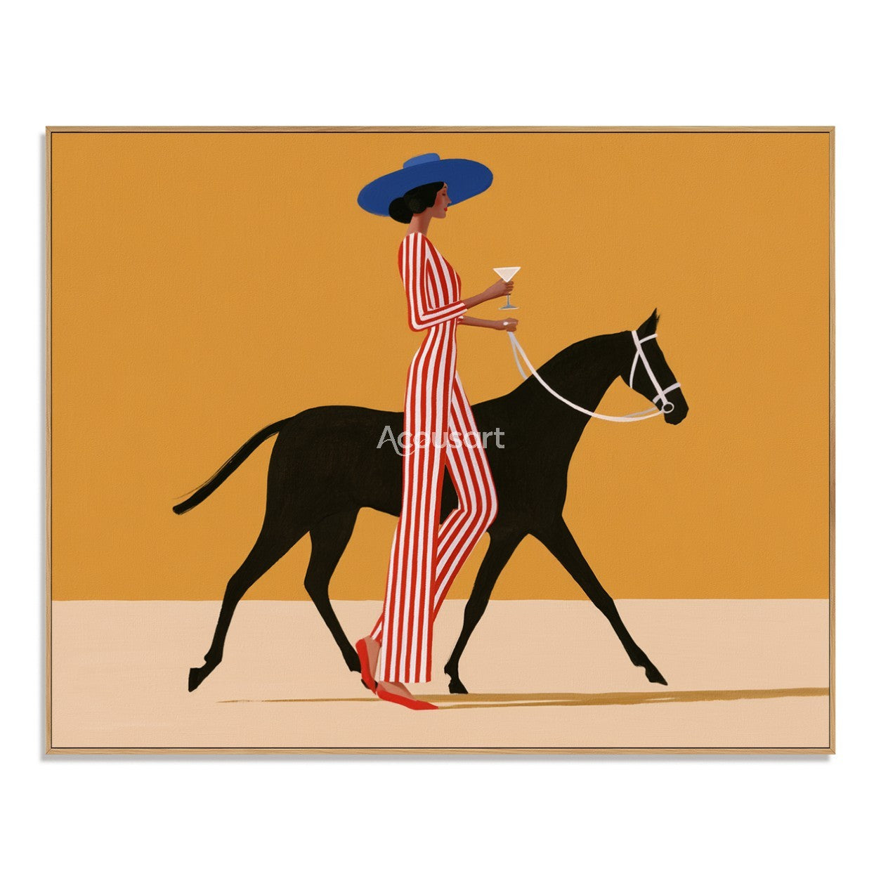 Minimalist chic woman horse canvas art featuring a woman in a red striped jumpsuit leading a black horse under a yellow sky.
