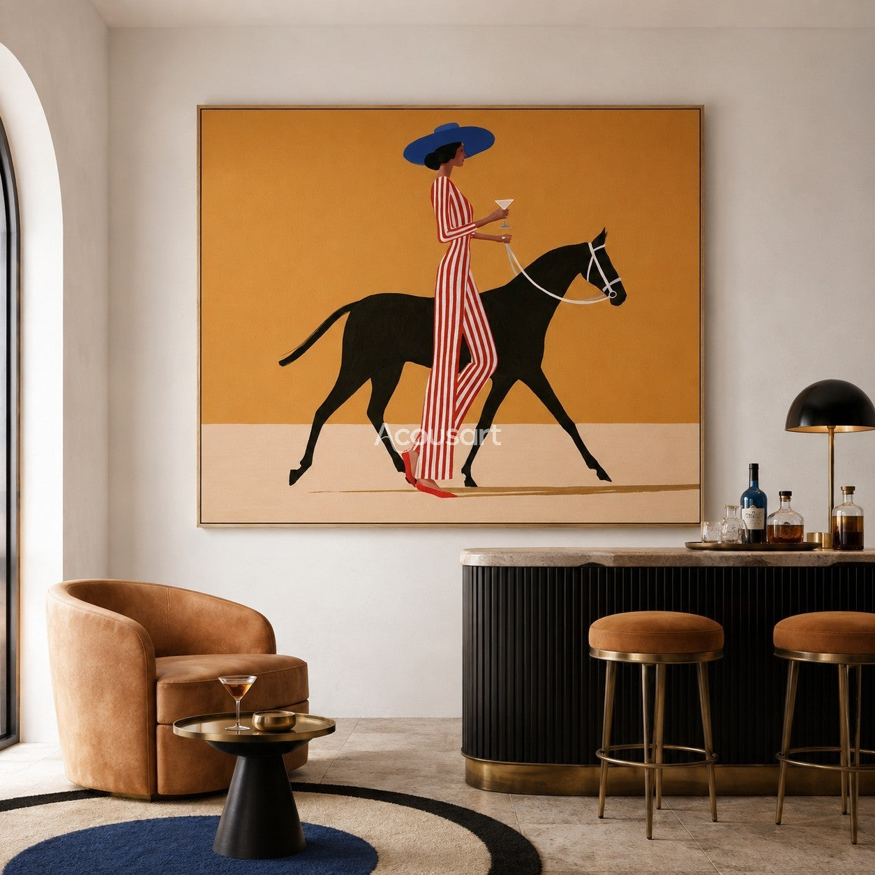 Minimalist chic woman horse canvas art featuring a woman in a red striped jumpsuit leading a black horse under a yellow sky.