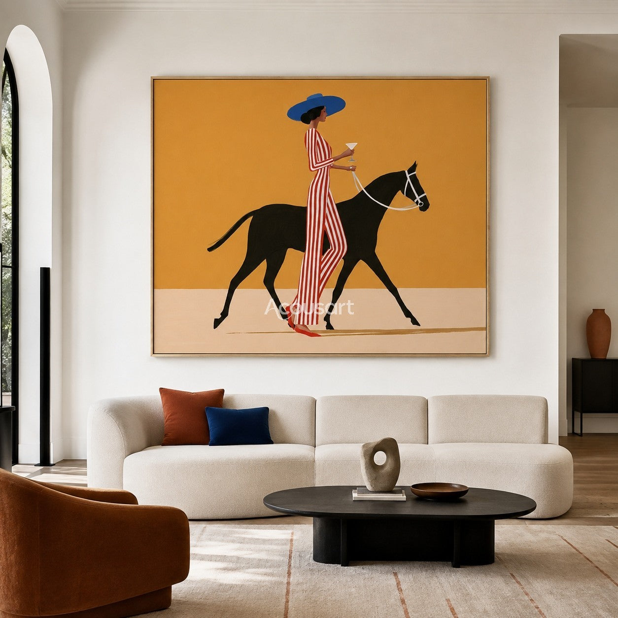 Minimalist chic woman horse canvas art featuring a woman in a red striped jumpsuit leading a black horse under a yellow sky.