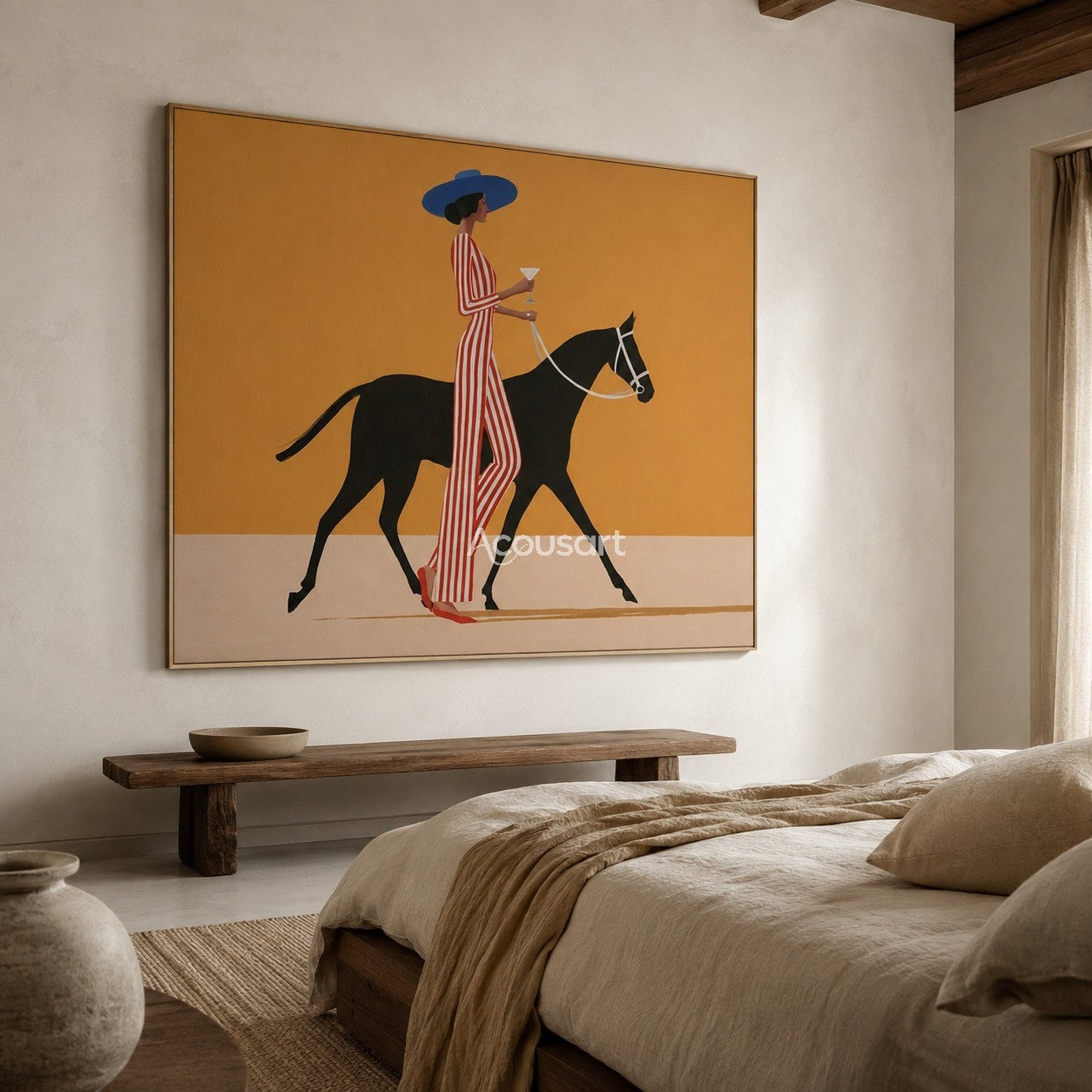 Minimalist chic woman horse canvas art featuring a woman in a red striped jumpsuit leading a black horse under a yellow sky.