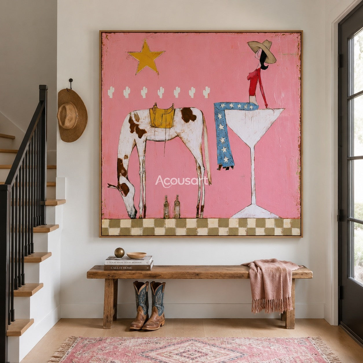 Whimsical pink cowgirl canvas art featuring a woman in star pants on a glass next to a spotted horse.