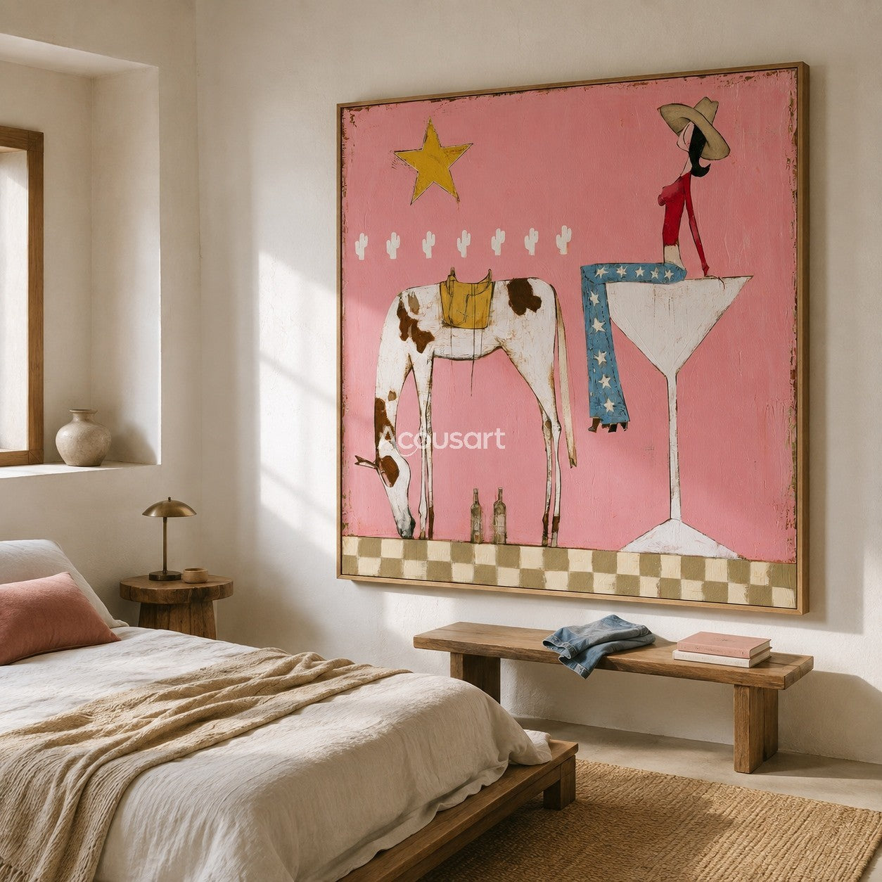 Whimsical pink cowgirl canvas art featuring a woman in star pants on a glass next to a spotted horse.
