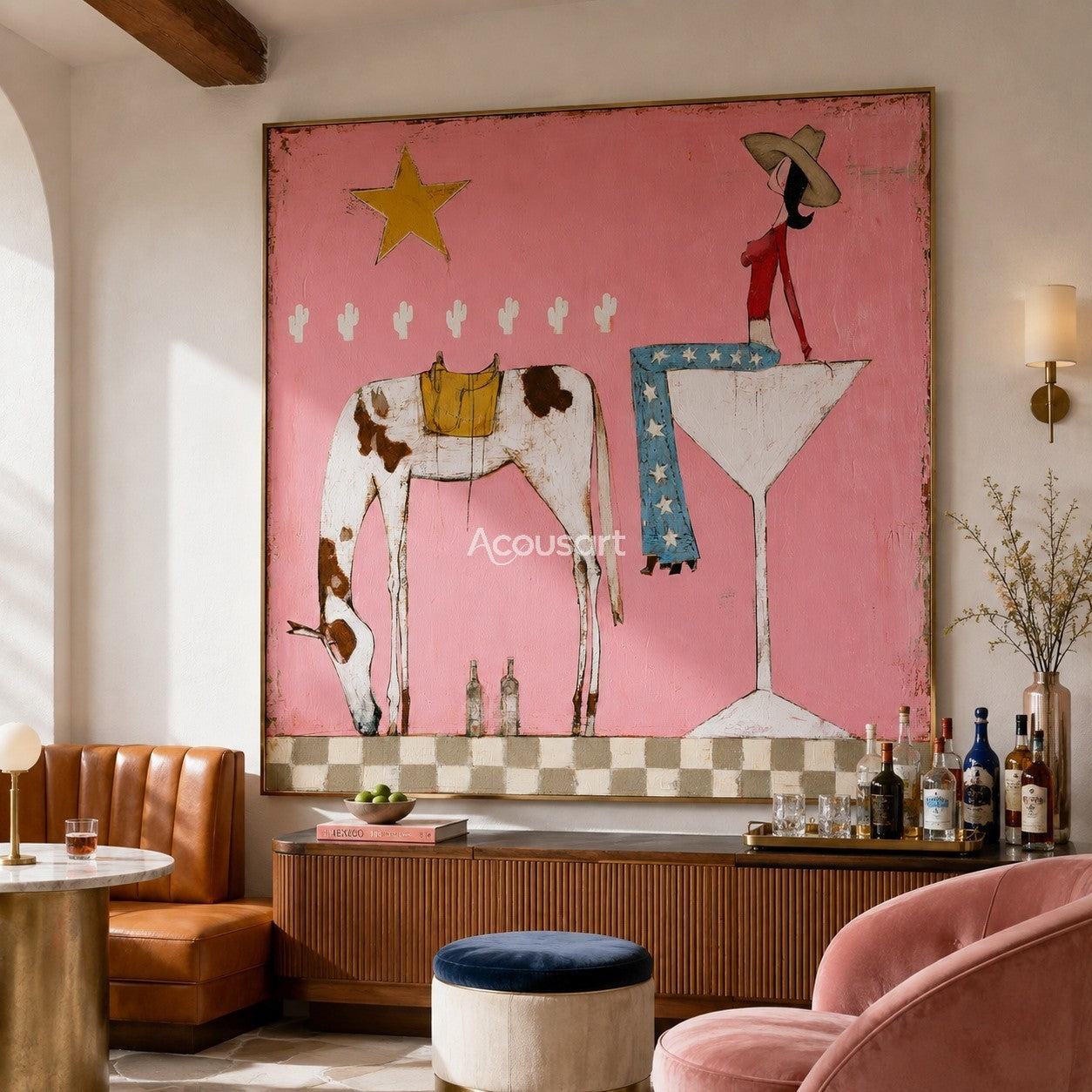 Whimsical pink cowgirl canvas art featuring a woman in star pants on a glass next to a spotted horse.