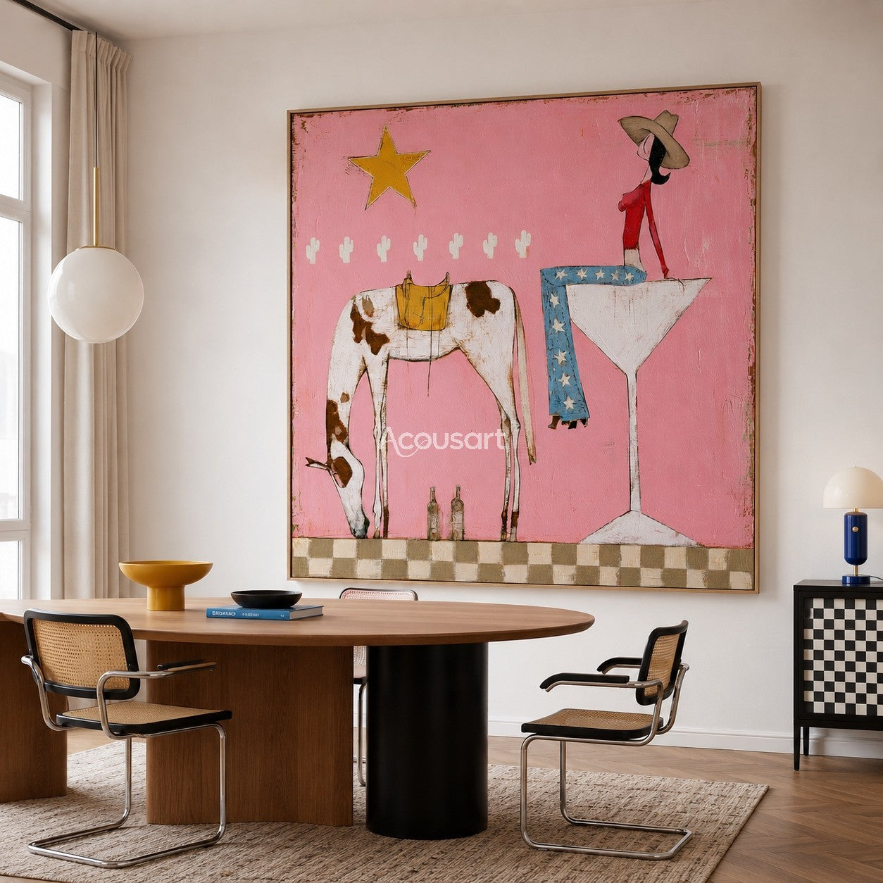 Whimsical pink cowgirl canvas art featuring a woman in star pants on a glass next to a spotted horse.