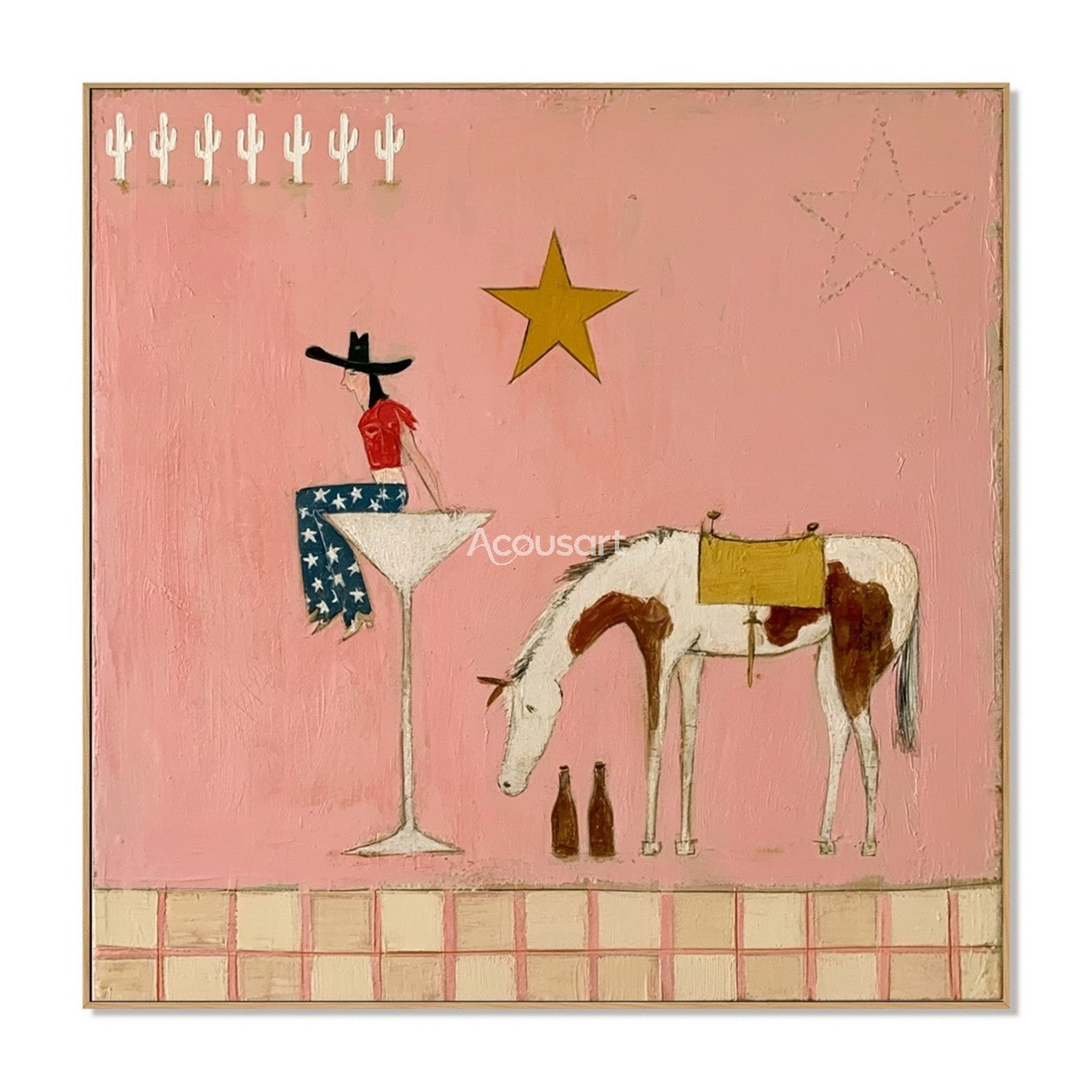 Textured pink western horse wall art featuring a cowgirl in star pants sitting on a glass next to a spotted horse.