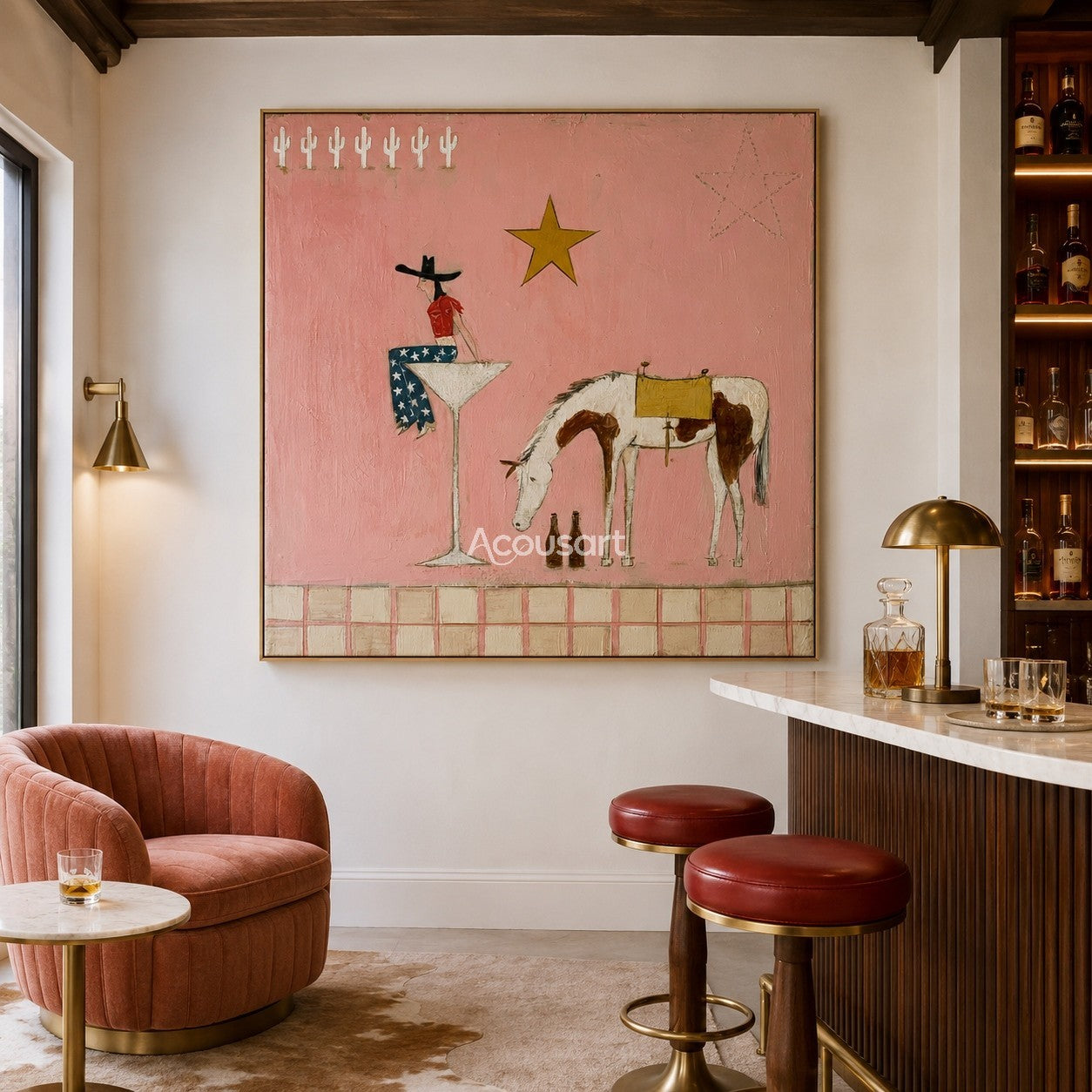 Textured pink western horse wall art featuring a cowgirl in star pants sitting on a glass next to a spotted horse.