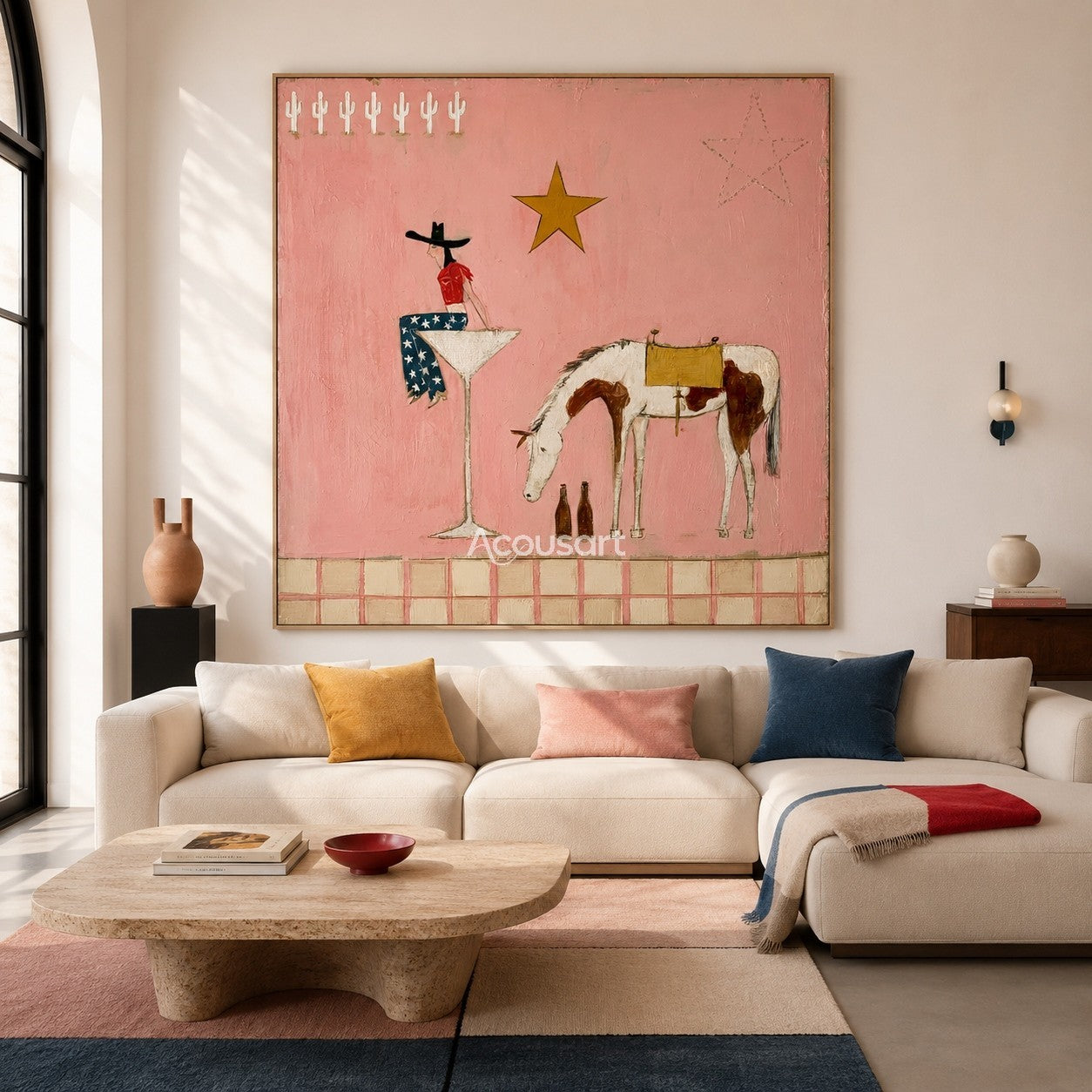 Textured pink western horse wall art featuring a cowgirl in star pants sitting on a glass next to a spotted horse.