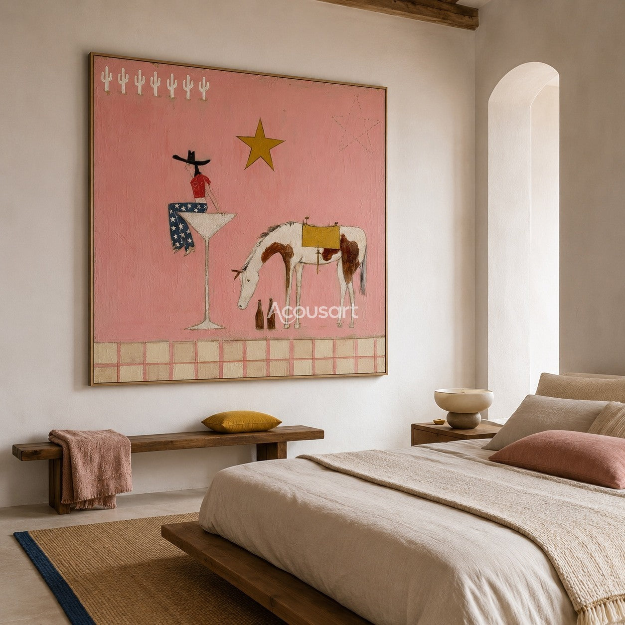 Textured pink western horse wall art featuring a cowgirl in star pants sitting on a glass next to a spotted horse.