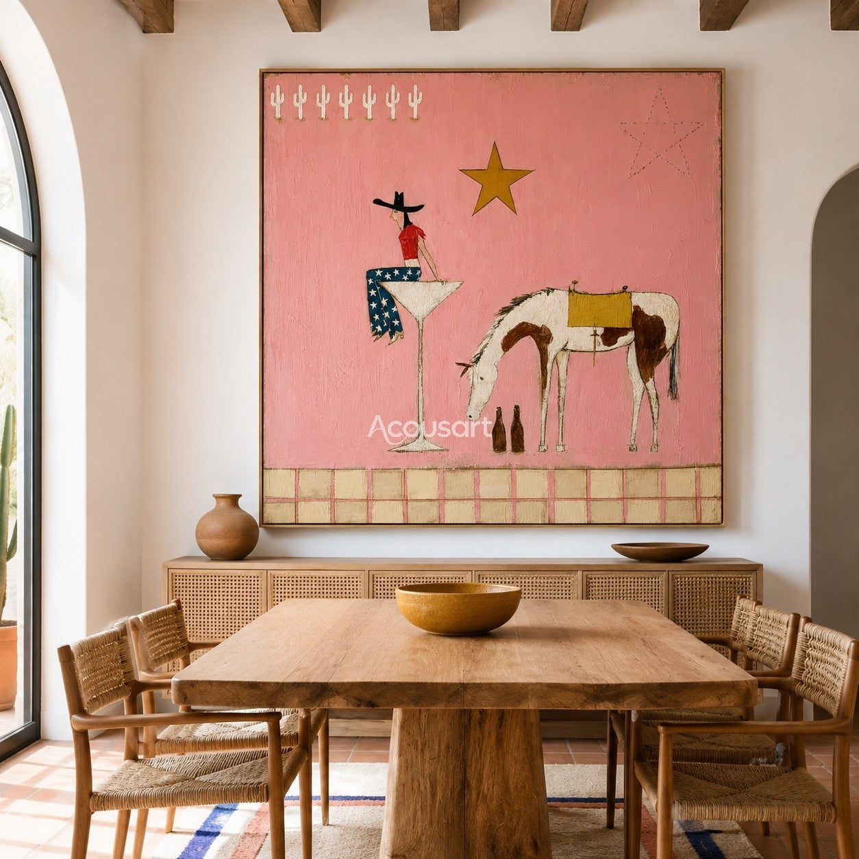 Textured pink western horse wall art featuring a cowgirl in star pants sitting on a glass next to a spotted horse.