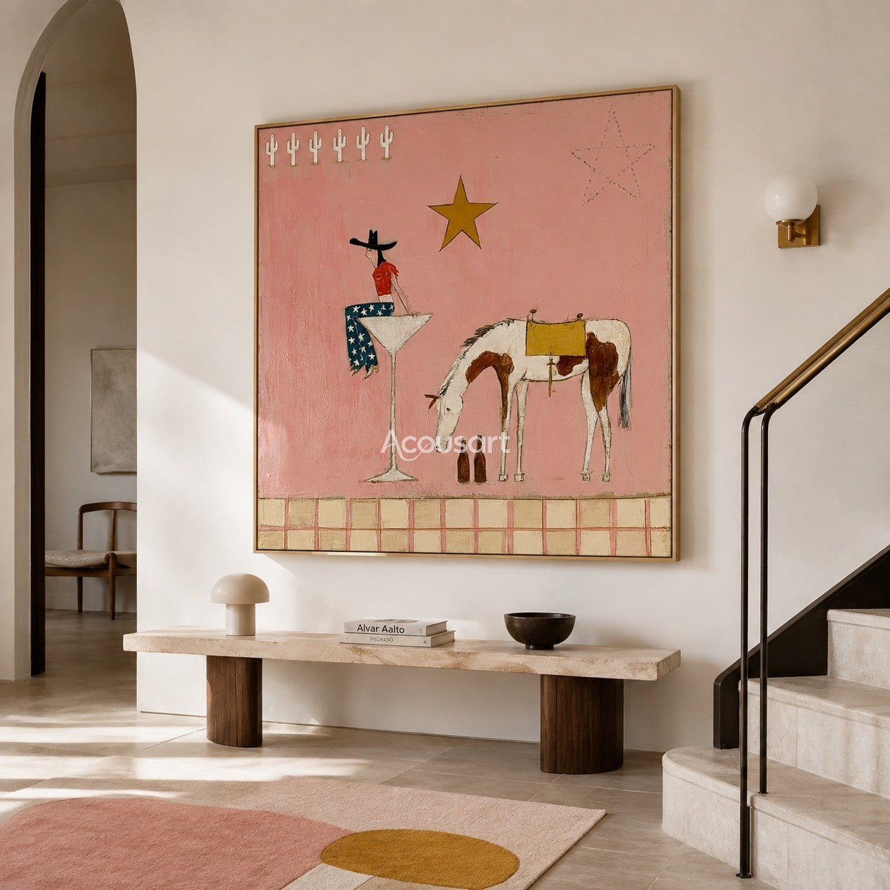 Textured pink western horse wall art featuring a cowgirl in star pants sitting on a glass next to a spotted horse.