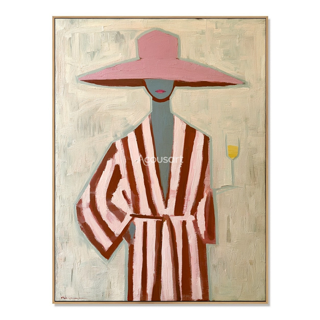Textured pink hat woman canvas art featuring a figure in a striped robe holding a drink.